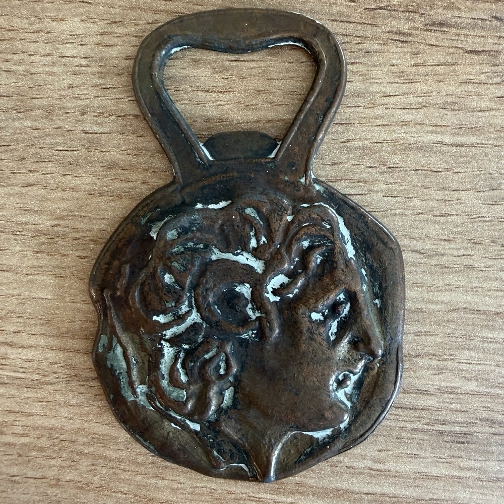 VTG Greek Medallion Apollo Brass Verdigris Bottle Opener Made in Greece Mythical